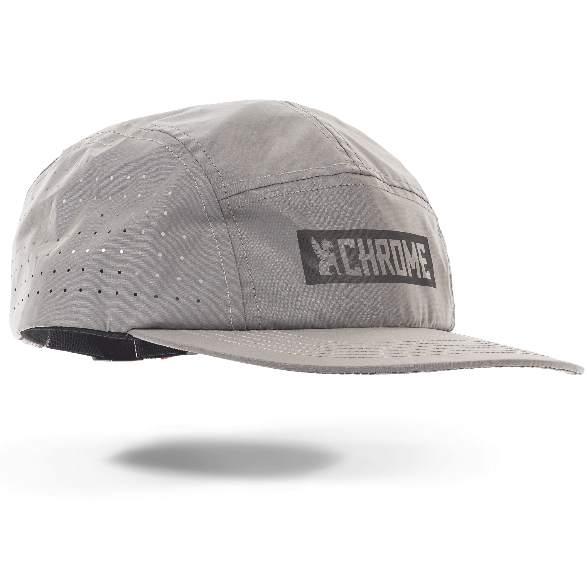 Reflective five panel hat showing it's reflectivity