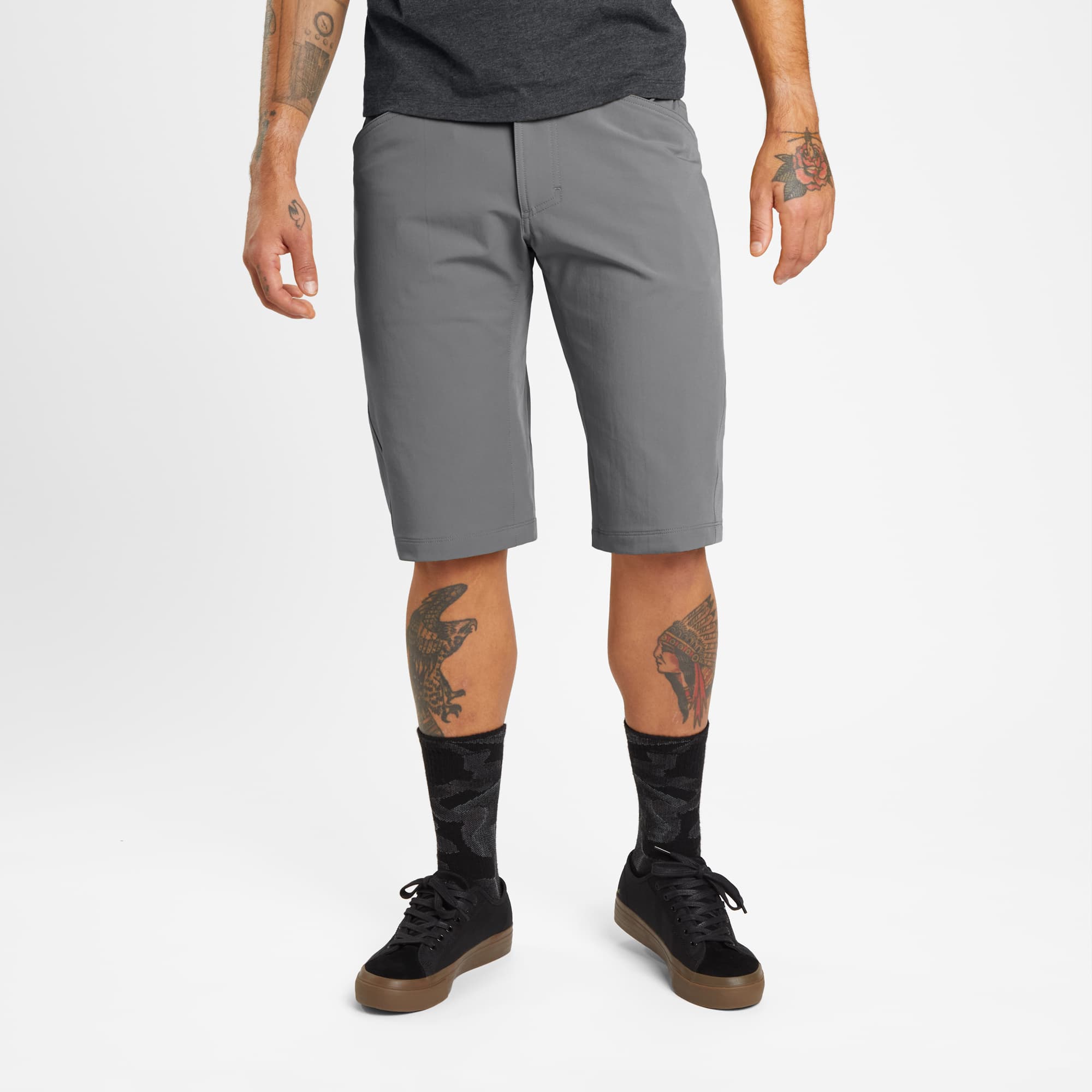 Men's Union Short 14" inseam in grey worn by a man front view #color_castle rock