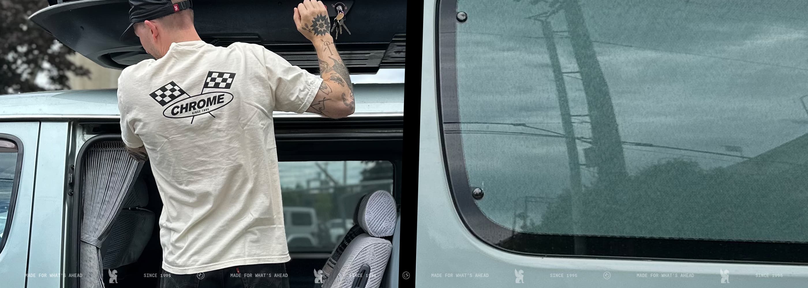 Person wearing a 'Chrome' t-shirt opening a car door.