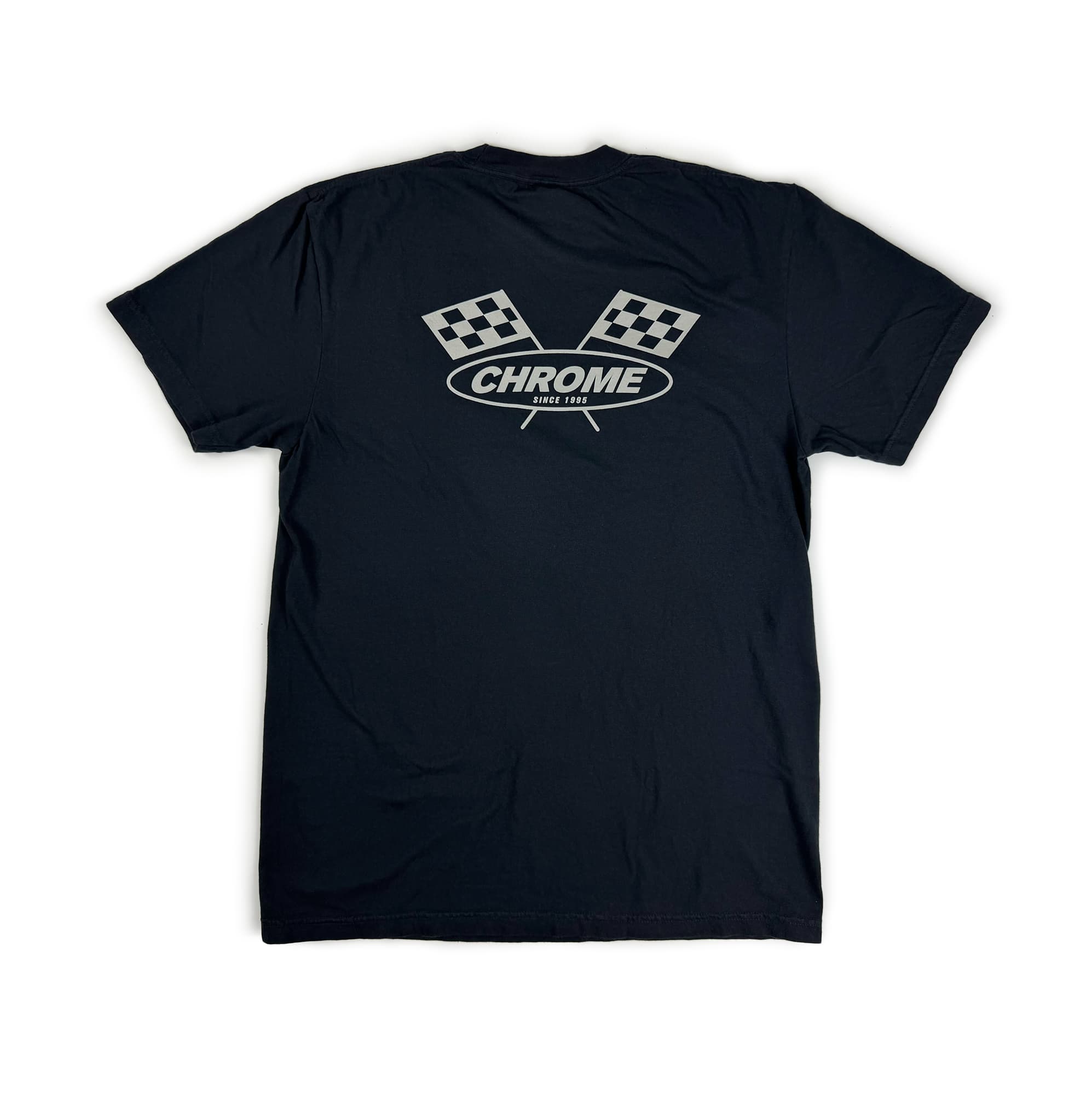 Black t-shirt with Chrome Industries anniversary logo on a white background #color_black