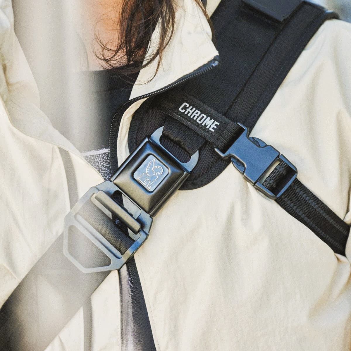 Iconic Chrome buckle in black for the careers banner